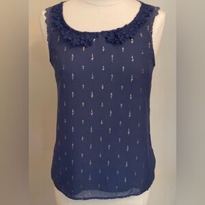 LC Lauren Conrad Blue Gold Lace Crochet SZ S Romantic Boho Chic Cottagecore Top